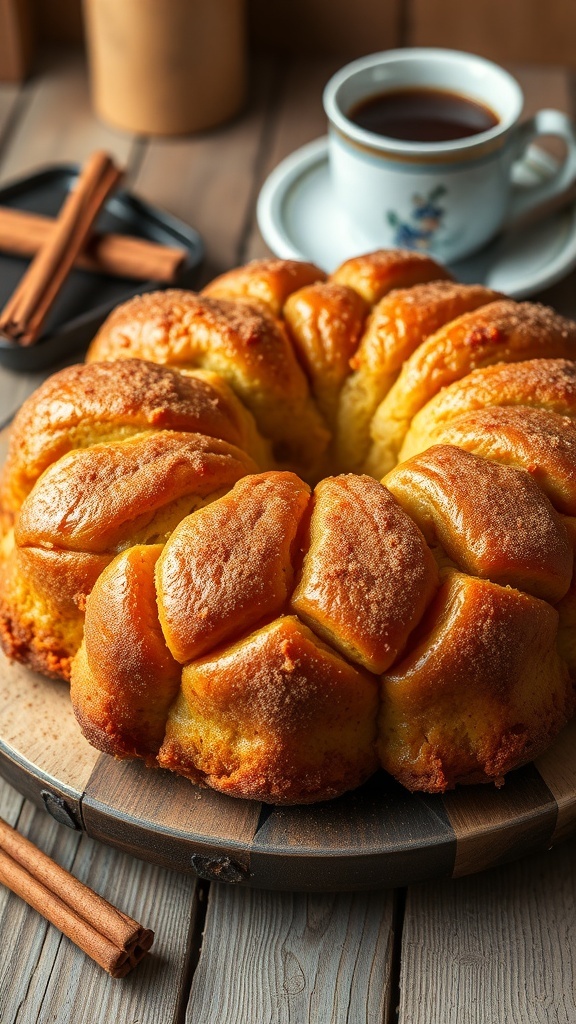 A golden-brown monkey bread with cinnamon sugar on a wooden table, ready to be pulled apart.